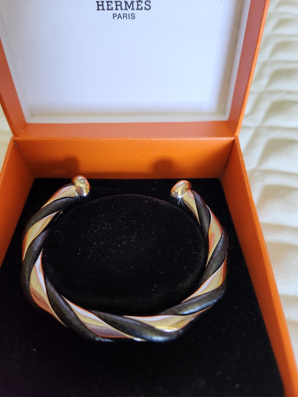 New, Hermes, Twisted Cuff Bracelet in Silver & Black Leather